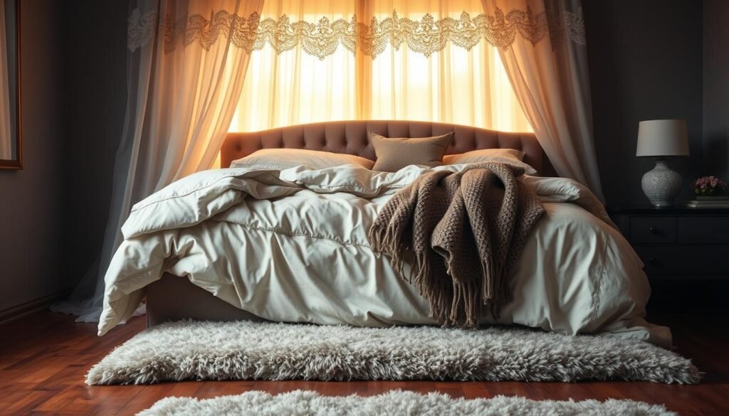 Luxurious bedding layers draped in a cozy, dimly lit bedroom. A plush, ivory comforter atop a linen duvet cover cascades softly over a tufted, velvet headboard. Sheer, lace-trimmed curtains frame the scene, filtering in warm, golden light. Soft, woolen throws and a mix of decorative pillows in muted tones create a layered, inviting texture. The hardwood floor is partially covered by a plush, shaggy rug. Subtle, ambient lighting casts a gentle glow, evoking a serene, romantic atmosphere. Captured with a wide-angle, high-resolution lens to showcase the luxurious details. Luxurious bedding layers draped in a cozy, dimly lit bedroom. A plush, ivory comforter atop a linen duvet cover cascades softly over a tufted, velvet headboard. Sheer, lace-trimmed curtains frame the scene, filtering in warm, golden light. Soft, woolen throws and a mix of decorative pillows in muted tones create a layered, inviting texture. The hardwood floor is partially covered by a plush, shaggy rug. Subtle, ambient lighting casts a gentle glow, evoking a serene, romantic atmosphere. Captured with a wide-angle, high-resolution lens to showcase the luxurious details.