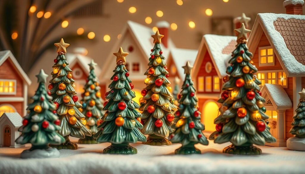 Nostalgic mid-century ceramic Christmas trees, adorned with vibrant ornaments, stand tall in a cozy holiday village. Quaint houses with snow-capped roofs and twinkling lights line the streets, creating a warm, inviting atmosphere. Soft, golden lighting casts a glow over the scene, highlighting the intricate details of the ceramic figurines and the charming vintage aesthetic. Rendered in a high-resolution, hyperrealistic style, the image captures the timeless allure of this classic holiday decor, evoking a sense of nostalgic wonder and festive cheer. Nostalgic mid-century ceramic Christmas trees, adorned with vibrant ornaments, stand tall in a cozy holiday village. Quaint houses with snow-capped roofs and twinkling lights line the streets, creating a warm, inviting atmosphere. Soft, golden lighting casts a glow over the scene, highlighting the intricate details of the ceramic figurines and the charming vintage aesthetic. Rendered in a high-resolution, hyperrealistic style, the image captures the timeless allure of this classic holiday decor, evoking a sense of nostalgic wonder and festive cheer.