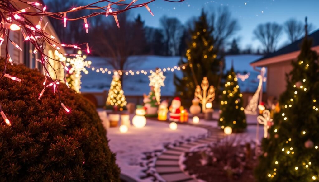 Outdoor twinkle with soft pink lights casting a warm glow across a festive yard display. In the foreground, delicate strands of fairy lights drape over bushes and trees, their luminous bulbs twinkling like stars. A mix of inflatable holiday figures, ornate yard stakes, and twinkling path markers create a whimsical, inviting scene in the middle ground. The background features a snowy landscape, with a clear night sky overhead dotted with glimmering stars. The overall atmosphere is cozy, merry, and full of holiday charm, conveying a sense of festive cheer and enchantment.