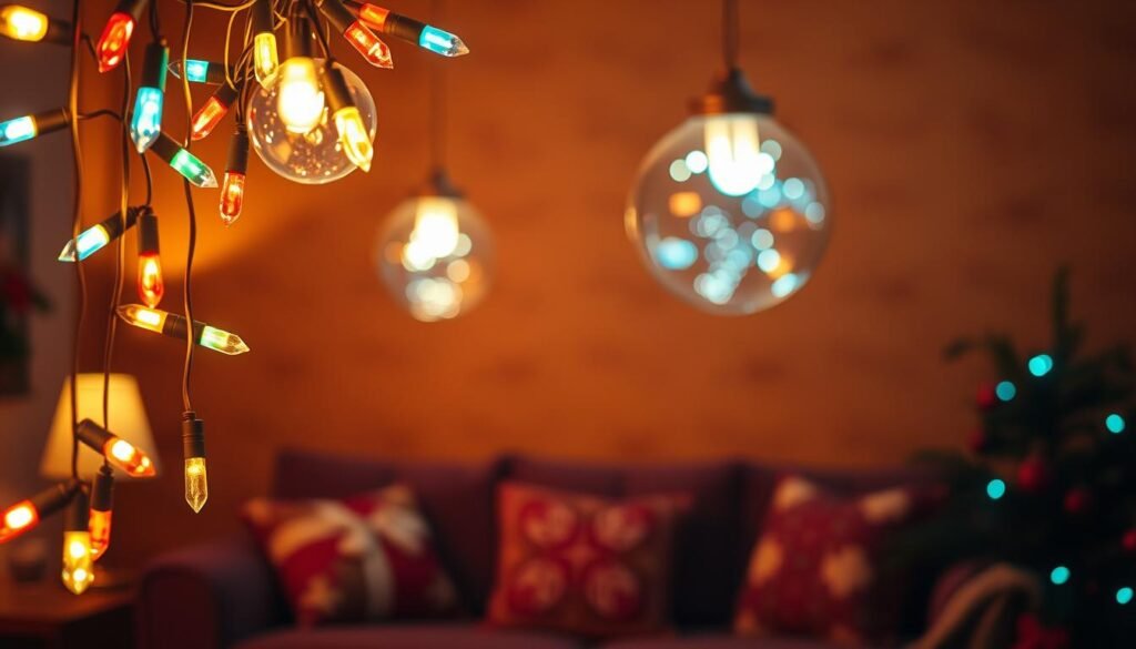 Retro string lights gently illuminating a cozy living room, their warm glow reflected in the shimmering glass of vintage bubble lights. Soft, nostalgic lighting creates an intimate, inviting atmosphere. In the foreground, the string lights cascade down, their colorful bulbs casting a vibrant, playful display. The middle ground features the classic bubble lamps, their mesmerizing bubbles rising and floating dreamlike. In the background, a warm, subtly textured wall adds depth and a sense of vintage charm. Rendered in stunning photorealistic detail, this scene evokes the timeless wonder and comforting familiarity of retro holiday decor. Retro string lights gently illuminating a cozy living room, their warm glow reflected in the shimmering glass of vintage bubble lights. Soft, nostalgic lighting creates an intimate, inviting atmosphere. In the foreground, the string lights cascade down, their colorful bulbs casting a vibrant, playful display. The middle ground features the classic bubble lamps, their mesmerizing bubbles rising and floating dreamlike. In the background, a warm, subtly textured wall adds depth and a sense of vintage charm. Rendered in stunning photorealistic detail, this scene evokes the timeless wonder and comforting familiarity of retro holiday decor.