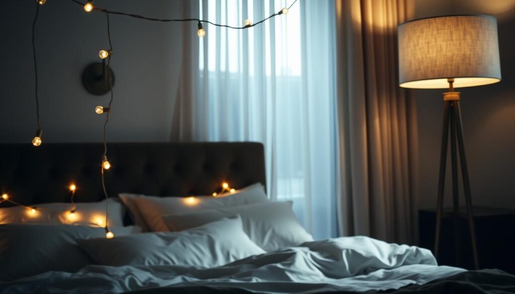 Romantic lighting layers for mood: A soft, diffused glow illuminates a cozy bedroom scene. In the foreground, delicate string lights drape across a plush velvet headboard, casting a warm, intimate ambiance. The middle ground features a pair of elegant sconce fixtures, their gentle light reflecting off the sheer curtains that frame the window. In the background, a large freestanding lamp with a linen shade provides a soothing, atmospheric illumination, complementing the overall romantic mood. The lighting is cinematic, with subtle shadows and highlights that create a sense of depth and atmosphere, evoking a sophisticated, feminine aesthetic. Romantic lighting layers for mood: A soft, diffused glow illuminates a cozy bedroom scene. In the foreground, delicate string lights drape across a plush velvet headboard, casting a warm, intimate ambiance. The middle ground features a pair of elegant sconce fixtures, their gentle light reflecting off the sheer curtains that frame the window. In the background, a large freestanding lamp with a linen shade provides a soothing, atmospheric illumination, complementing the overall romantic mood. The lighting is cinematic, with subtle shadows and highlights that create a sense of depth and atmosphere, evoking a sophisticated, feminine aesthetic.