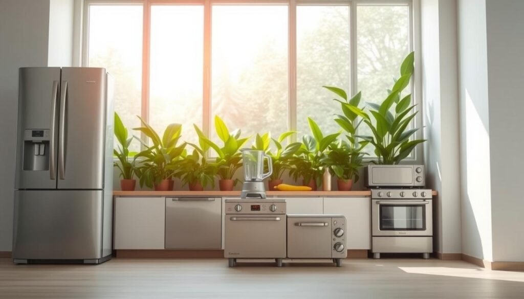 Sleek and modern kitchen appliances arranged in an eco-friendly, minimalist setting. In the foreground, a high-efficiency refrigerator, dishwasher, and electric range with clean, streamlined designs. The middle ground features a countertop blender and toaster oven made with sustainable materials. In the background, large windows allow natural light to flood the space, showcasing lush, verdant plants that create a soothing, nature-inspired atmosphere. Warm, diffused lighting casts a soft glow, highlighting the energy-efficient features of each appliance. The overall scene conveys a sense of harmony between technology and the natural world, reflecting the principles of a green, environmentally-conscious kitchen. Sleek and modern kitchen appliances arranged in an eco-friendly, minimalist setting. In the foreground, a high-efficiency refrigerator, dishwasher, and electric range with clean, streamlined designs. The middle ground features a countertop blender and toaster oven made with sustainable materials. In the background, large windows allow natural light to flood the space, showcasing lush, verdant plants that create a soothing, nature-inspired atmosphere. Warm, diffused lighting casts a soft glow, highlighting the energy-efficient features of each appliance. The overall scene conveys a sense of harmony between technology and the natural world, reflecting the principles of a green, environmentally-conscious kitchen.