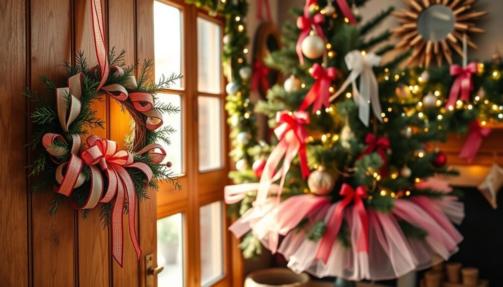 Vibrant Christmas decorations with lush ribbons and delicate tulle in a cozy, rustic setting. Soft light filters through a large window, casting a warm glow on the handmade ornaments and garlands. In the foreground, a beautifully crafted wreath with intricately woven ribbons and sprigs of greenery hangs on a wooden door. In the middle ground, a DIY tree skirt in shades of pink and white adds a touch of whimsy, complemented by strands of tulle cascading from the tree branches. The background features a festive mantelpiece adorned with more ribbon-wrapped decor and twinkling string lights, creating an inviting and charming holiday atmosphere. Crisp, high-resolution details capture the handmade quality and thoughtful design of this delightful DIY Christmas scene.