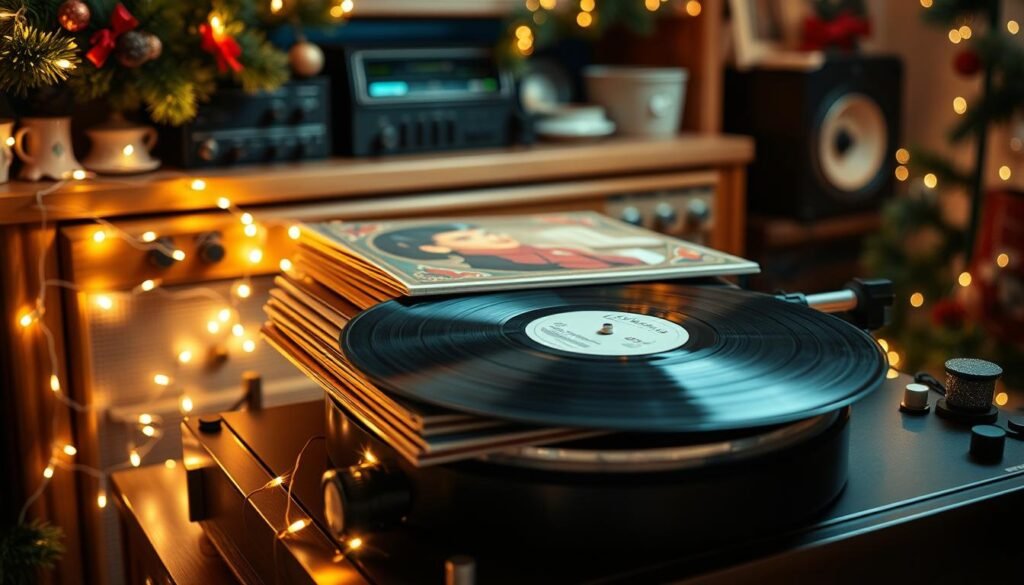Vintage Christmas records neatly stacked on a classic turntable, surrounded by glowing fairy lights and festive decorations. Soft, warm lighting illuminates the scene, casting a cozy, nostalgic atmosphere. In the background, a wooden cabinet holds an assortment of retro audio equipment, with a vinyl record spinning softly. The image is captured with a high-quality camera, showcasing the intricate details and textures of the records, turntable, and decor, resulting in a hyperrealistic, high-quality photograph. Vintage Christmas records neatly stacked on a classic turntable, surrounded by glowing fairy lights and festive decorations. Soft, warm lighting illuminates the scene, casting a cozy, nostalgic atmosphere. In the background, a wooden cabinet holds an assortment of retro audio equipment, with a vinyl record spinning softly. The image is captured with a high-quality camera, showcasing the intricate details and textures of the records, turntable, and decor, resulting in a hyperrealistic, high-quality photograph.