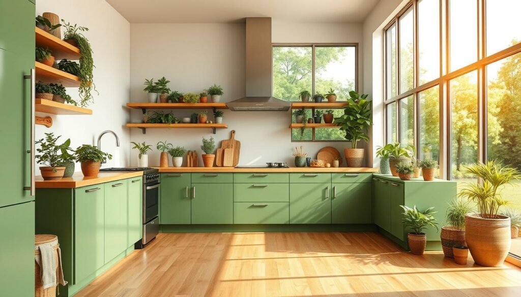 a bright, modern kitchen with natural green elements throughout, including potted plants, herb gardens, and green-tinted countertops and cabinetry. the room is flooded with warm, natural light from large windows overlooking a lush outdoor landscape. the kitchen appliances have a sleek, minimalist design and blend seamlessly with the green-inspired decor. the floor is made of sustainable bamboo, and the overall atmosphere is calm, serene, and promotes a connection to nature. the camera is positioned at eye level, capturing the kitchen's inviting and eco-friendly ambiance. a bright, modern kitchen with natural green elements throughout, including potted plants, herb gardens, and green-tinted countertops and cabinetry. the room is flooded with warm, natural light from large windows overlooking a lush outdoor landscape. the kitchen appliances have a sleek, minimalist design and blend seamlessly with the green-inspired decor. the floor is made of sustainable bamboo, and the overall atmosphere is calm, serene, and promotes a connection to nature. the camera is positioned at eye level, capturing the kitchen's inviting and eco-friendly ambiance.