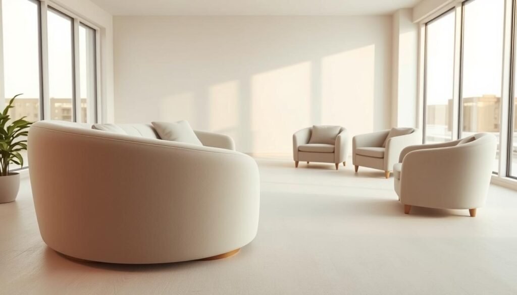 a high-quality, photorealistic image of curved furniture in a modern, minimalist interior setting. The foreground features an elegant, curved sofa with soft, plush upholstery in a neutral palette. The sofa is positioned in a way that creates a inviting, flowing silhouette. In the middle ground, there are a pair of curved armchairs with clean lines and a smooth, lacquered finish. The background showcases a spacious, well-lit room with large windows that allow natural light to flood the space. The walls are painted in a soft, muted tone, creating a calming and serene atmosphere. The lighting is warm and gentle, casting a cozy glow over the curved furniture pieces. The overall composition emphasizes the graceful, organic shapes of the furniture and the harmonious integration within the modern, minimalist interior design.