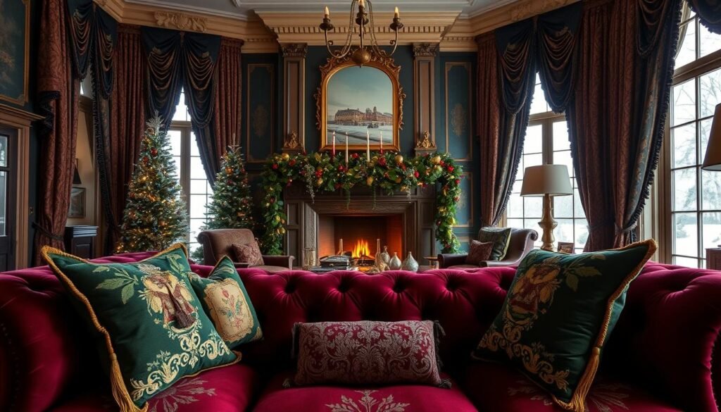 a lush, opulent living room featuring Ralph Lauren's signature holiday textiles. The foreground showcases a plush, velvety sofa in a deep burgundy hue, accented with intricate embroidered patterns and tasseled throw pillows in shades of gold and forest green. In the middle ground, a grand, ornate fireplace mantel is adorned with a garland of pine, holly, and twinkling lights, casting a warm, cozy glow. The background features tall windows draped in heavy, brocade curtains in a rich, jewel-toned palette, hinting at the snowy winter landscape outside. The overall scene conveys a sense of timeless, luxurious elegance that epitomizes the Ralph Lauren holiday aesthetic. Photograph using a wide-angle lens to capture the grandeur of the space, with soft, diffused lighting to highlight the depth and texture of the fabrics. a lush, opulent living room featuring Ralph Lauren's signature holiday textiles. The foreground showcases a plush, velvety sofa in a deep burgundy hue, accented with intricate embroidered patterns and tasseled throw pillows in shades of gold and forest green. In the middle ground, a grand, ornate fireplace mantel is adorned with a garland of pine, holly, and twinkling lights, casting a warm, cozy glow. The background features tall windows draped in heavy, brocade curtains in a rich, jewel-toned palette, hinting at the snowy winter landscape outside. The overall scene conveys a sense of timeless, luxurious elegance that epitomizes the Ralph Lauren holiday aesthetic. Photograph using a wide-angle lens to capture the grandeur of the space, with soft, diffused lighting to highlight the depth and texture of the fabrics.