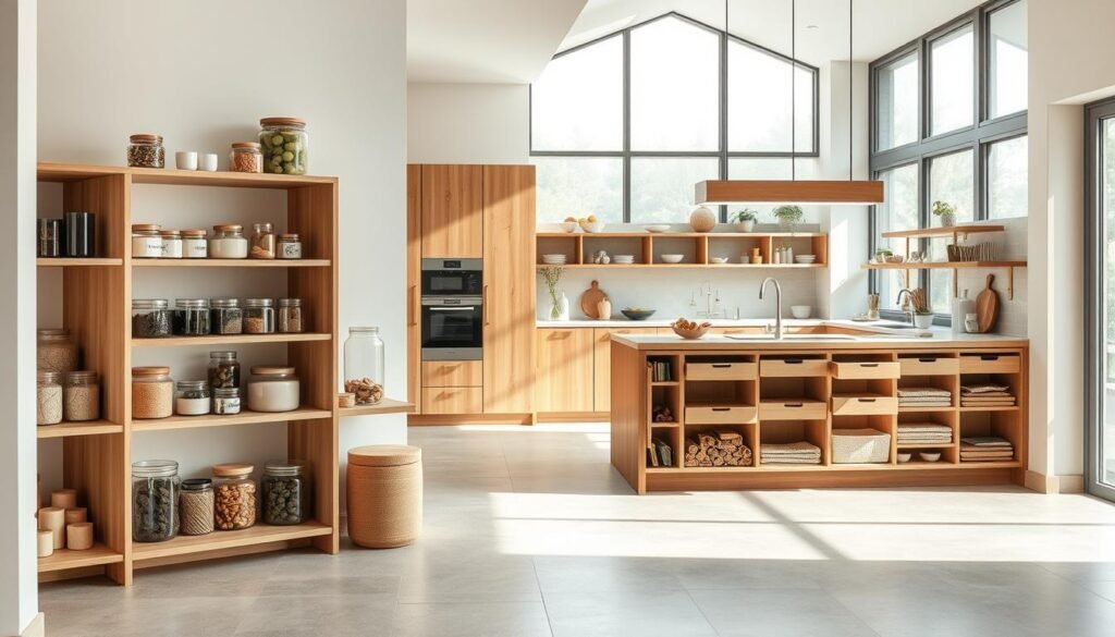 a modern and minimalist kitchen interior with a variety of sustainable storage solutions made from natural materials such as bamboo, cork, and recycled glass. the foreground features an open shelving unit filled with jars, canisters, and other storage containers in neutral earthy tones. the middle ground shows a wooden kitchen island with pull-out drawers and compartments for organized pantry storage. the background depicts large windows allowing ample natural light to pour in, highlighting the warm, organic textures of the cabinetry and worktop. the overall scene conveys a serene, eco-friendly atmosphere with a focus on functionality and minimalist design. a modern and minimalist kitchen interior with a variety of sustainable storage solutions made from natural materials such as bamboo, cork, and recycled glass. the foreground features an open shelving unit filled with jars, canisters, and other storage containers in neutral earthy tones. the middle ground shows a wooden kitchen island with pull-out drawers and compartments for organized pantry storage. the background depicts large windows allowing ample natural light to pour in, highlighting the warm, organic textures of the cabinetry and worktop. the overall scene conveys a serene, eco-friendly atmosphere with a focus on functionality and minimalist design.