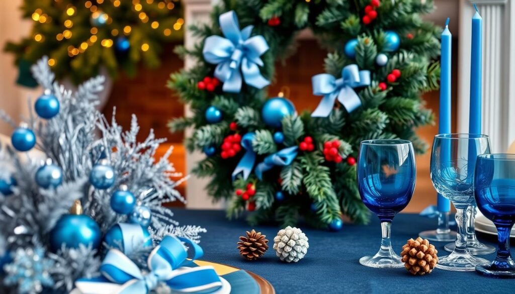 A beautifully arranged display of blue holiday decor, showcasing decorative elements like shimmering blue ornaments, soft blue ribbons, and frosted pinecones. In the foreground, a festive table setting features a deep navy tablecloth adorned with silver and gold accents, along with elegant blue glassware. The middle ground includes a lush evergreen wreath intertwined with hints of icy blue and traditional red berries, enhancing the color harmony. The background is softly blurred, featuring a cozy fireplace with subtle golden lighting, creating a warm and inviting holiday atmosphere. The scene is illuminated by gentle, diffused lighting, capturing the sparkle of the blue decorations. The overall mood is serene and festive, evoking a sense of tranquility and celebration for the holidays.