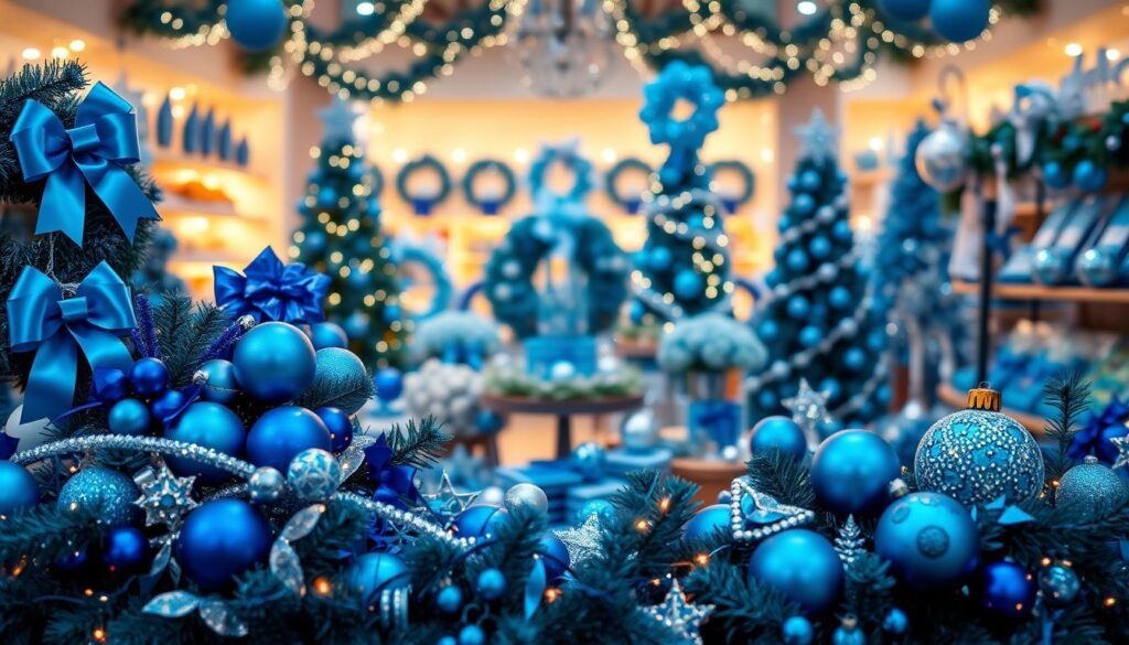A beautifully arranged display of festive blue decorations for Christmas shopping, prominently placed in the foreground. The setup includes shimmering blue ornaments, elegant ribbons, and twinkling fairy lights, showcasing various styles from traditional to modern. In the middle, an inviting selection of decorative items like blue wreaths, garlands, and table centerpieces is illuminated by soft, warm lighting that enhances their iridescent qualities. The background features a cozy, warmly lit shopping space, adorned with more blue-themed holiday decor, creating an ambient and cheerful atmosphere. The image should convey a sense of joy and anticipation for the holiday season, captured with a shallow depth of field to focus on the decorative elements while blurring the background slightly. Use a 50mm lens effect to add a clean, photorealistic quality to the scene.