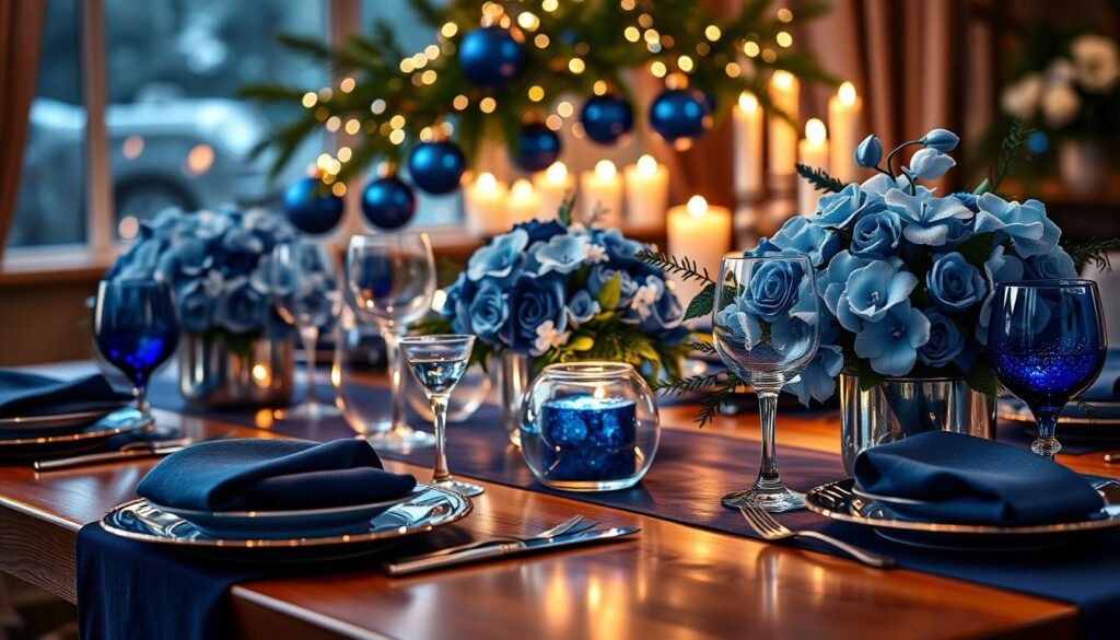 A beautifully arranged festive tablescape showcasing rich blue decorations for a holiday gathering. In the foreground, a polished wooden table is adorned with a deep navy tablecloth, shimmering silver dinnerware, and elegant blue glassware catching the soft light. Lush blue and white floral centerpieces, including hydrangeas and orchids, create a focal point. The middle layer features sparkling blue ornaments and twinkling fairy lights intertwined with evergreen branches, enhancing the festive feel. In the background, subtly blurred, a warm glow from candles flickers, adding a cozy atmosphere. The scene is illuminated with soft, warm lighting, reminiscent of a twilight evening, creating an inviting and serene mood perfect for holiday celebrations. Photorealistic quality with a shallow depth of field, highlighting the intricate details of the decorations.