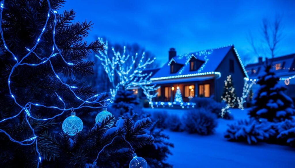 A beautifully arranged winter scene showcasing innovative blue Christmas lighting techniques. In the foreground, intricate blue string lights drape elegantly over evergreen branches, twinkling softly, while glowing blue orbs are nestled among snow-covered foliage. The middle ground features a quaint home adorned with vibrant blue LED lights lining the roof and windows, casting a warm yet cool ambiance. In the background, a softly lit winter landscape glows under a deep blue twilight sky, with shimmering snow reflecting the blue hues. Capture the scene using a wide-angle lens, ensuring the lighting reflects a serene, festive atmosphere. The overall mood should be magical and inviting, accentuating the beauty of blue holiday illumination without any text or distractions.