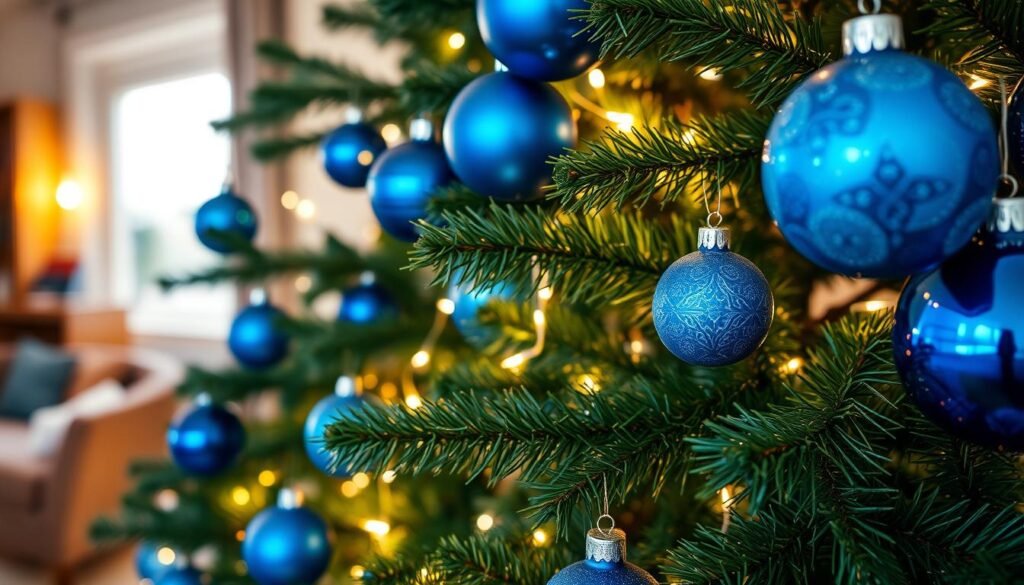 A beautifully decorated Christmas tree adorned with vibrant blue ornaments, shimmering in various shades from deep navy to bright cerulean. The foreground features a close-up view of the intricate ornaments, showcasing delicate patterns and glimmers of light reflecting off their surfaces. In the middle ground, the lush, green branches of the tree create a rich backdrop, with strands of soft white lights twinkling among the needles, enhancing the festive atmosphere. The background subtly fades into a warm, cozy living room setting, softly lit by natural light coming through a nearby window. The mood is cheerful yet serene, evoking the warmth of the holiday season. The image should be highly detailed and photorealistic, capturing the magic of a blue-themed Christmas transformation.