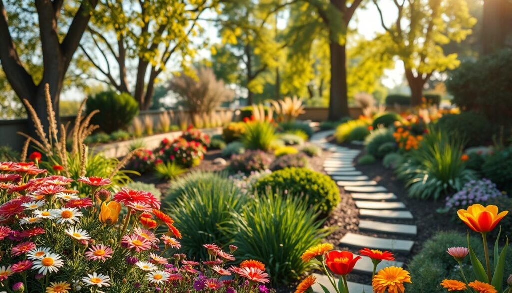 A beautifully designed garden scene showcasing a variety of carefully selected plants for landscaping. In the foreground, vibrant flowers in a rainbow of colors, such as daisies, tulips, and marigolds, bloom alongside lush green ferns and ornamental grasses. The middle ground features a selection of small shrubs and flowering plants, complemented by decorative stone pathways winding through the garden. In the background, tall trees provide shade, their leaves rustling gently in a soft breeze. The lighting is warm and inviting, with golden sunlight filtering through the branches, casting gentle shadows. A shallow depth of field emphasizes the foreground plants, creating a serene and tranquil atmosphere, ideal for a peaceful outdoor retreat. The image encapsulates a harmonious blend of nature and design, inspiring ideas for plant selection in landscaping.