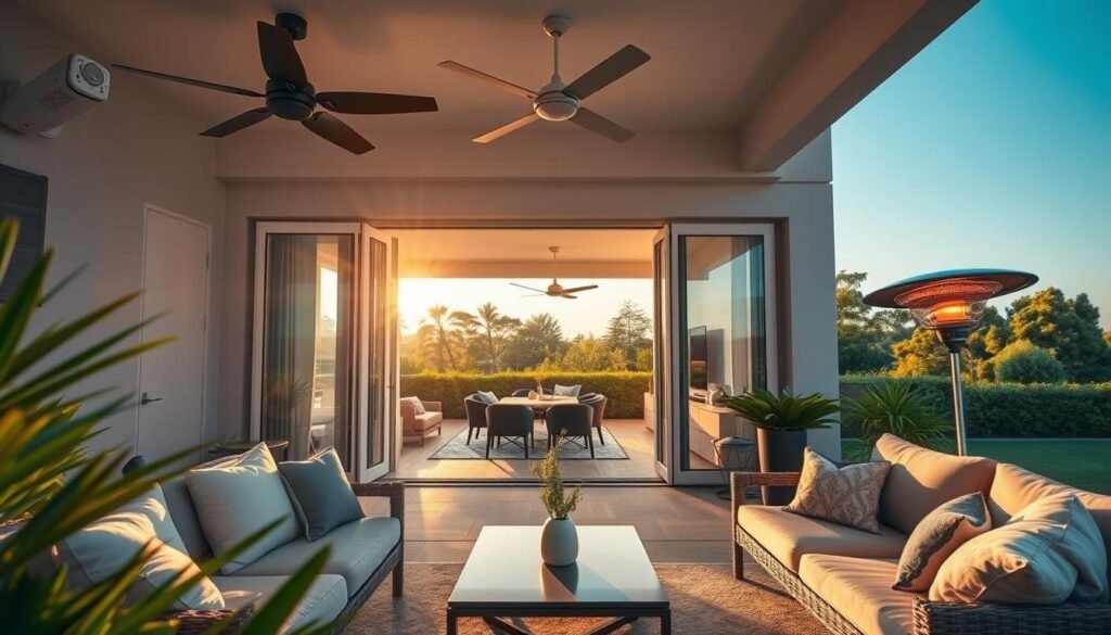 A beautifully designed indoor-outdoor living space featuring a seamless integration of a patio and a cozy living room. In the foreground, a stylish outdoor seating area with plush cushions and a sleek coffee table, bathed in warm, natural sunlight. In the middle, glass doors open wide, connecting the interior's tastefully decorated living room, showcasing modern furniture and soft textiles. Lush greenery frames the scene, adding a sense of tranquility. The background reveals distant trees under a clear blue sky, emphasizing the open-air feeling. Soft evening lighting begins to emerge, creating a warm and inviting atmosphere. A high-angle shot captures the flow of the space, showcasing climate control products like stylish ceiling fans and ambience-enhancing heaters, illustrating year-round comfort.