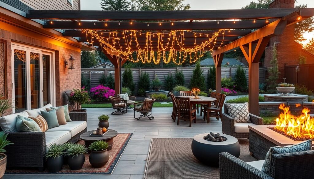 A beautifully designed outdoor living space featuring a stylish patio with elegant furniture, including a cozy sectional couch, woven rugs, and decorative cushions. In the foreground, add stylish potted plants and a modern fire pit, inviting warmth and relaxation. The middle section displays a sturdy dining table with wooden chairs, sheltered by a graceful pergola draped with fairy lights, creating an enchanting ambiance. In the background, a lush garden unfolds with vibrant flowers, greenery, and a tranquil water feature, reflecting the evening sunlight. The lighting should evoke a warm, inviting sunset glow, captured from a slightly elevated angle, showcasing the entire outdoor area. The overall mood is serene and welcoming, ideal for outdoor gatherings and entertainment.