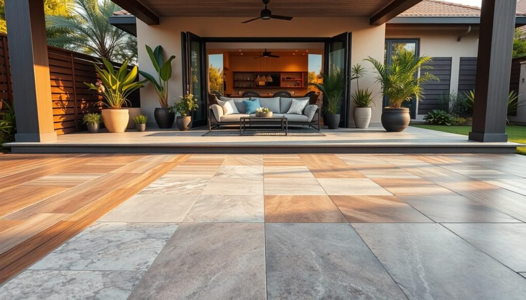A beautifully designed outdoor living space showcasing various flooring options suitable for blending patios into living areas. In the foreground, diverse flooring materials like wooden decking, stone tiles, and stained concrete are displayed side-by-side for comparison. The middle ground features a seamlessly integrated patio area with stylish outdoor furniture, soft cushions, and potted plants that add a touch of greenery. In the background, a cozy indoor space is visible through large glass doors, further emphasizing the indoor-outdoor flow. The scene is bathed in warm, golden sunlight, creating an inviting and tranquil atmosphere. Use a wide-angle lens to capture the expanse of the space, focusing on the textures and patterns of the flooring. The overall mood is harmonious and serene, inviting viewers to imagine relaxing and entertaining in this elegant setting.