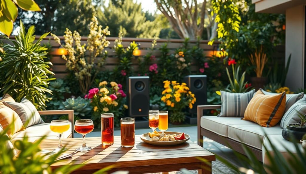A beautifully designed outdoor patio setup featuring strategically placed outdoor speakers, seamlessly blending into the living space. In the foreground, a wooden coffee table is adorned with stylish drinks and snacks, surrounded by comfortable, contemporary patio furniture. The middle ground showcases sleek, modern outdoor speakers positioned among lush greenery and flowering plants, enhancing the ambiance of the space. In the background, soft landscape lighting illuminates the area, creating a warm, inviting glow as evening approaches. The scene captures a harmonious balance between nature and technology, with a focus on vibrant colors and textures. The mood is relaxed and welcoming, ideal for continuous outdoor entertainment, with sunlight filtering through the leaves to create dappled shadows across the patio.