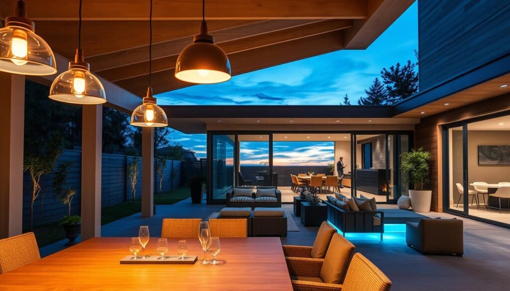 A beautifully designed outdoor space that seamlessly blends with an indoor living area, showcasing a variety of innovative lighting solutions. In the foreground, elegant pendant lights hang from a covered patio, casting a warm glow over a stylish dining table set for an evening meal. The middle ground features a cozy lounge area with modern outdoor furniture illuminated by soft LED accent lights lining the edges. In the background, large glass doors open to reveal a welcoming indoor space filled with natural light, with subtle, recessed lighting creating a harmonious flow. The scene captures the soft transition from day to night, with dusk colors in the sky, creating an inviting and serene atmosphere for relaxation and social gatherings. The image should have a photorealistic style, showcasing intricate details and textures in both the lighting and surroundings.