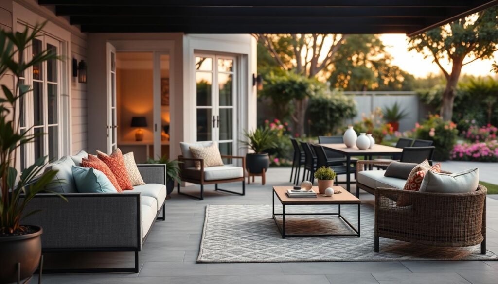 A beautifully designed patio featuring a seamless blend of indoor and outdoor furniture, showcasing a modern dining table with elegant chairs, surrounded by lush greenery. In the foreground, a cozy sectional sofa adorned with colorful cushions invites relaxation, while a stylish coffee table holds decorative accessories. The middle ground includes a chic outdoor rug that ties the space together, creating an inviting atmosphere. The background reveals a tranquil garden with blooming flowers and soft lighting that mimics a sunset glow, enhancing the sense of warmth and tranquility. The image should be captured from a slight angle, with a shallow depth of field to emphasize the furniture and create a serene ambiance. Aim for a photorealistic style, showcasing meticulous details to inspire outdoor living.