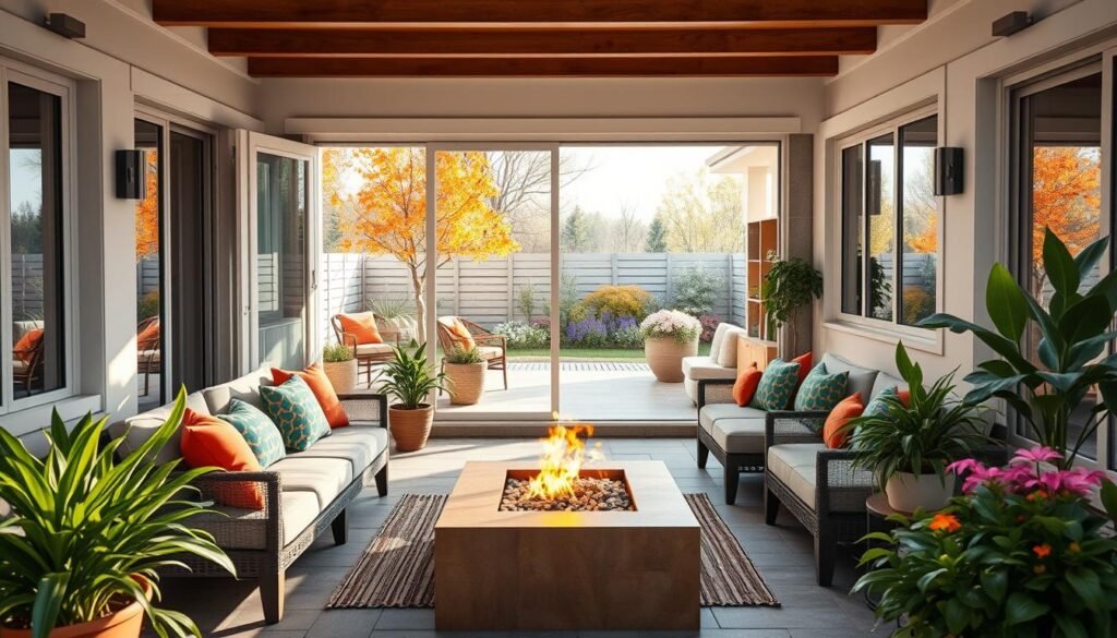 A beautifully designed patio seamlessly transitioning into an indoor living space, illustrating seasonal adaptation strategies. In the foreground, a cozy patio area features modular furniture, colorful outdoor cushions, and a fire pit, surrounded by lush potted plants. The middle ground includes a sliding glass door leading into a bright, airy living room, showcasing large windows and warm wood accents. The background depicts a serene garden with autumn leaves or spring flowers, depending on the season. Soft natural lighting bathes the scene, creating a welcoming atmosphere. A shallow depth of field focuses on the patio details while maintaining a clear view of the indoor-outdoor flow. The overall mood is inviting, showcasing harmony between outdoor and indoor spaces in a high-quality, photorealistic style.