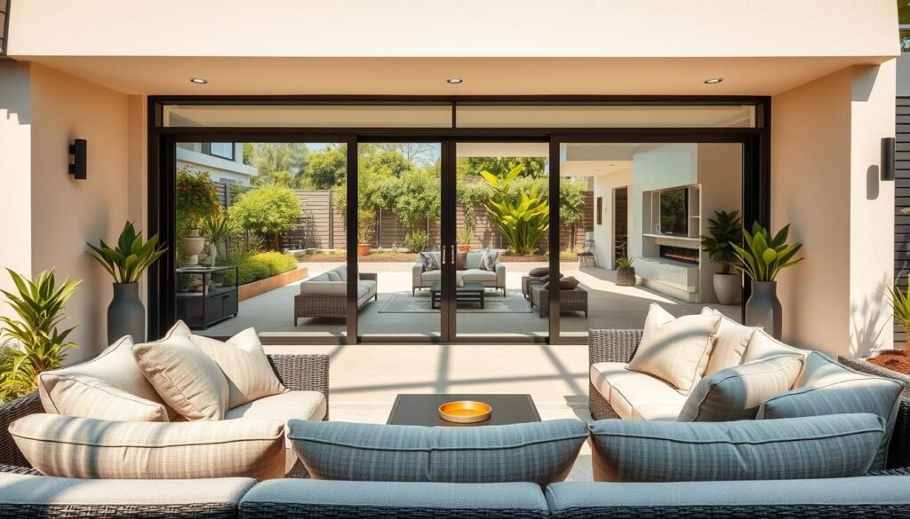 A beautifully integrated patio seamlessly connecting to an indoor living space, showcasing an elegant transition between the two areas. In the foreground, a stylish outdoor seating arrangement with plush cushions and a small coffee table invites relaxation. The middle ground features large glass sliding doors that fold open, revealing a bright, airy living room adorned with modern furniture and greenery. In the background, a sunny garden with lush plants enhances the natural flow. The lighting is warm and inviting, casting soft shadows that emphasize the inviting atmosphere. Shot from a slightly elevated angle to capture the depth of space, the image evokes a sense of tranquility and harmony, perfect for illustrating outdoor-indoor flow.