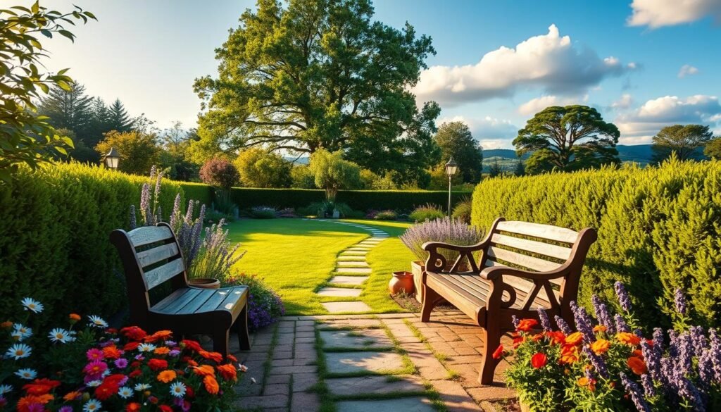 A beautifully landscaped outdoor space featuring a harmonious blend of vibrant flowers and lush greenery. In the foreground, a rustic wooden bench is surrounded by colorful flower beds filled with daisies, marigolds, and lavender, creating a serene seating area. The middle ground showcases a carefully manicured lawn with neatly trimmed hedges on either side, leading to a small stone pathway winding through the garden. In the background, a picturesque view of tall, mature trees provides shade, while a clear blue sky with soft, fluffy clouds contrasts against the greenery. The lighting is warm and inviting, resembling the golden hour, casting soft shadows. The overall mood is tranquil and rejuvenating, perfect for anyone looking to elevate their outdoor space with transformative landscaping ideas.