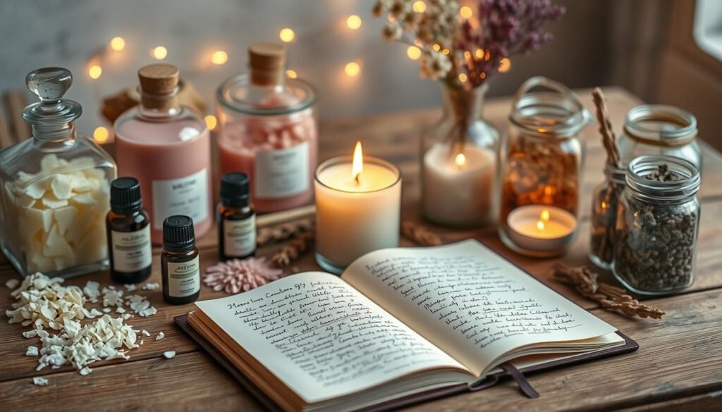 A cozy and inviting scene showcasing various DIY scent projects on a rustic wooden table. In the foreground, there are beautifully arranged candle-making supplies: wax flakes in soft pastel colors, essential oils in elegant glass bottles, and decorative jars filled with dried flowers and herbs. The middle ground features a single lit candle, casting a warm, gentle glow on the surroundings, surrounded by an open notebook with handwritten notes on scent combinations. In the background, soft fairy lights twinkle, enhancing the serene atmosphere. The image is captured in soft, natural lighting to emphasize the warmth and comfort of home crafting. The overall mood is heartwarming and inspiring, perfect for showcasing personalized coziness in a delightful DIY setting.