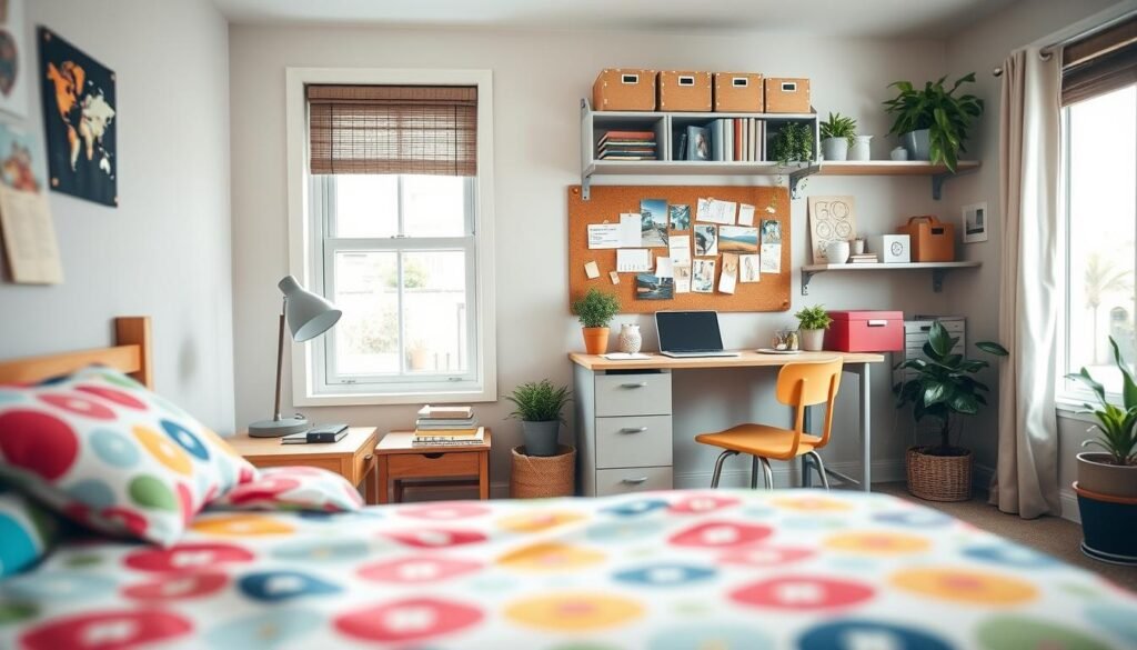 A cozy and organized dorm room, featuring a neatly made bed with colorful, patterned bedding in the foreground. Beside the bed, a small wooden nightstand holds a lamp and a stack of books. In the middle ground, a well-arranged desk with a laptop, stationery, and a corkboard filled with photos and reminders creates a focal point. Shelves on the wall are lined with books and decorative storage boxes. The background has a window allowing soft, natural light to fill the space. Earthy tones and pastel accents create a warm atmosphere, while potted plants add a touch of greenery. The scene should feel inviting and functional, shot at eye level for a personal touch, with a shallow depth of field to softly blur the background. A cozy and organized dorm room, featuring a neatly made bed with colorful, patterned bedding in the foreground. Beside the bed, a small wooden nightstand holds a lamp and a stack of books. In the middle ground, a well-arranged desk with a laptop, stationery, and a corkboard filled with photos and reminders creates a focal point. Shelves on the wall are lined with books and decorative storage boxes. The background has a window allowing soft, natural light to fill the space. Earthy tones and pastel accents create a warm atmosphere, while potted plants add a touch of greenery. The scene should feel inviting and functional, shot at eye level for a personal touch, with a shallow depth of field to softly blur the background.