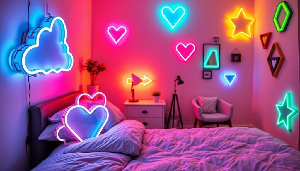 A cozy bedroom setting featuring unique neon sign ideas strategically placed for maximum visual impact. In the foreground, a vibrant neon sign shaped like a cloud emits a soft blue glow, while another sign in the shape of a heart radiates warm pink hues. In the middle, a stylish nightstand displays an eye-catching neon arrow, pointing towards an inviting reading nook with a plush armchair. The background includes a gently lit wall adorned with various geometric neon signs in shades of green and yellow, enhancing the atmosphere. The room is bathed in warm lighting, creating a relaxed and energizing mood. Use a wide-angle lens to capture the entire scene, emphasizing the interplay of colors and the captivating ambiance of neon lights against a softly painted wall.
