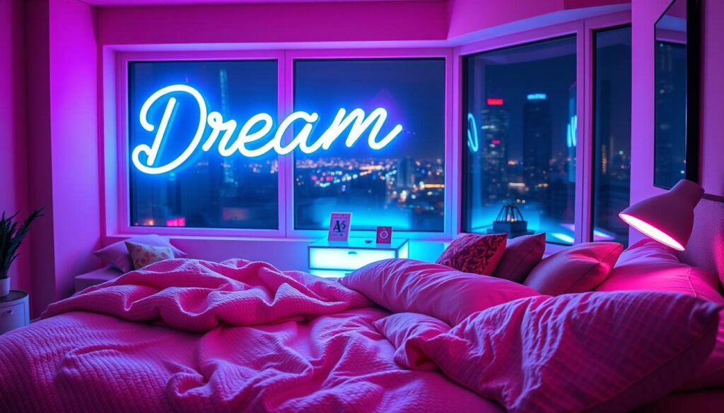 A cozy bedroom with a distinct neon aesthetic, featuring a vibrant color palette of pinks, blues, and purples. In the foreground, a plush bed adorned with soft, textured blankets and decorative pillows sits under a large neon "Dream" sign glowing softly in neon blue. The middle ground showcases a stylish nightstand with ambient neon lighting, casting a warm glow. In the background, large windows reveal an urban cityscape, with distant neon lights reflecting off the glass. Soft, diffused lighting creates an inviting atmosphere, enhancing the relaxing vibe of the space. The scene is captured from a slight angle, emphasizing depth and inviting viewers to envision their own personalized neon-inspired bedroom. The overall mood is uplifting and energizing, perfect for sparking creativity and individuality.