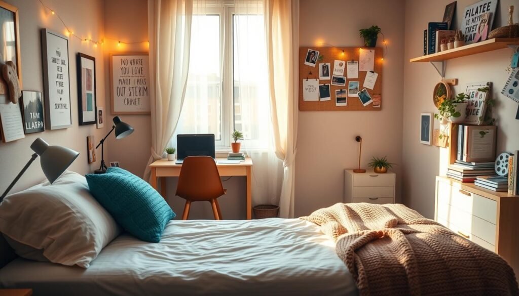 A cozy college dorm room decorated with stylish, personalized decor items. In the foreground, a neatly made twin bed with colorful throw pillows and a soft knitted blanket. A small desk with a trendy desk lamp and a laptop, adorned with motivational quotes and framed photos. In the middle ground, a bulletin board filled with polaroids, artwork, and fairy lights, and a small bookshelf with books, plants, and decorative items. The background showcases a window with sheer curtains letting in soft, warm sunlight. Add a rug on the floor to enhance the comfort of the space. The overall atmosphere is warm and inviting, perfect for a student’s personal sanctuary. Aim for a photorealistic quality with a focus on natural lighting and a slightly angled perspective that captures the entire room. A cozy college dorm room decorated with stylish, personalized decor items. In the foreground, a neatly made twin bed with colorful throw pillows and a soft knitted blanket. A small desk with a trendy desk lamp and a laptop, adorned with motivational quotes and framed photos. In the middle ground, a bulletin board filled with polaroids, artwork, and fairy lights, and a small bookshelf with books, plants, and decorative items. The background showcases a window with sheer curtains letting in soft, warm sunlight. Add a rug on the floor to enhance the comfort of the space. The overall atmosphere is warm and inviting, perfect for a student’s personal sanctuary. Aim for a photorealistic quality with a focus on natural lighting and a slightly angled perspective that captures the entire room.