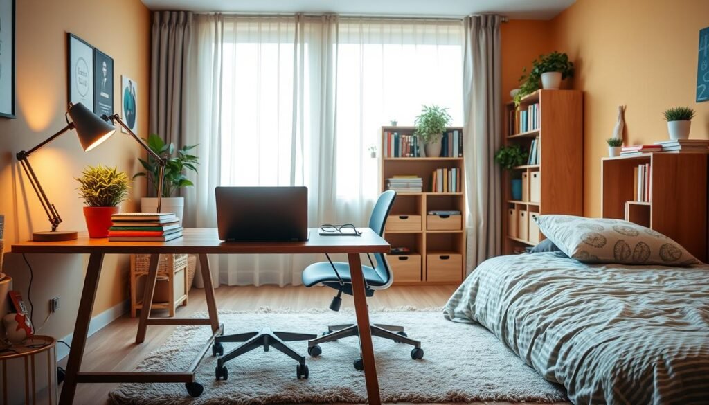 A cozy dorm room setup designed for a productive study space. In the foreground, a neatly organized wooden desk is adorned with a laptop, a stack of colorful notebooks, and a vibrant potted plant. A comfortable, ergonomic chair is positioned at the desk. In the middle, shelves filled with books and personal items create a homely vibe, while a soft, layered rug lies beneath, adding warmth to the room. The background features a large window with sheer curtains that allow soft, natural light to flood the space, illuminating the warm, pastel-colored walls. Gentle, ambient lighting from a stylish desk lamp casts a cozy glow, enhancing the inviting atmosphere. The overall mood is calm, focusing on creating a serene environment conducive to studying. A cozy dorm room setup designed for a productive study space. In the foreground, a neatly organized wooden desk is adorned with a laptop, a stack of colorful notebooks, and a vibrant potted plant. A comfortable, ergonomic chair is positioned at the desk. In the middle, shelves filled with books and personal items create a homely vibe, while a soft, layered rug lies beneath, adding warmth to the room. The background features a large window with sheer curtains that allow soft, natural light to flood the space, illuminating the warm, pastel-colored walls. Gentle, ambient lighting from a stylish desk lamp casts a cozy glow, enhancing the inviting atmosphere. The overall mood is calm, focusing on creating a serene environment conducive to studying.