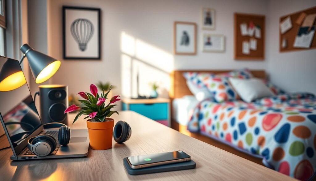 A cozy dorm room setup emphasizing modern tech accessories, featuring a stylish desk with a sleek laptop, wireless headphones, and a smartphone on a charging pad. In the foreground, a vibrant potted plant adds a touch of nature. The middle ground showcases a high-quality Bluetooth speaker and a lamp with warm, inviting lighting. In the background, a neatly made bed with colorful bedding complements the tech theme. The decor includes wall art featuring minimalist designs, and a pinboard displays reminders. The scene is captured in soft, natural light, simulating a sunny afternoon, with a 50mm lens angle that enhances the depth, creating a warm and inviting atmosphere perfect for studying or relaxation. A cozy dorm room setup emphasizing modern tech accessories, featuring a stylish desk with a sleek laptop, wireless headphones, and a smartphone on a charging pad. In the foreground, a vibrant potted plant adds a touch of nature. The middle ground showcases a high-quality Bluetooth speaker and a lamp with warm, inviting lighting. In the background, a neatly made bed with colorful bedding complements the tech theme. The decor includes wall art featuring minimalist designs, and a pinboard displays reminders. The scene is captured in soft, natural light, simulating a sunny afternoon, with a 50mm lens angle that enhances the depth, creating a warm and inviting atmosphere perfect for studying or relaxation.
