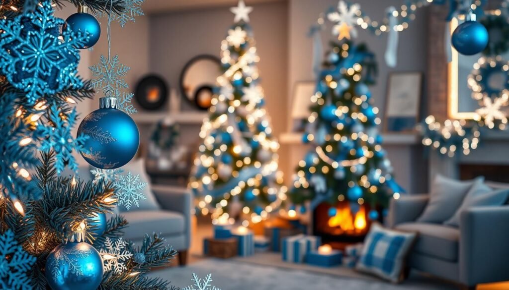 A cozy holiday scene featuring elegant blue Christmas decor, showcased prominently in the foreground with shimmering blue ornaments, intricate snowflakes, and delicate garlands intertwined with fairy lights. In the middle ground, a beautifully decorated Christmas tree adorned in varying shades of blue, silver accents, and glowing white lights creates a warm ambiance. The background includes a softly lit living room with a crackling fireplace, enhancing the festive atmosphere. Use soft, ambient lighting to evoke a sense of tranquility and celebration. Capture the image from a slightly elevated angle, highlighting the decor details while maintaining a balanced composition. Aim for a photorealistic quality that immerses viewers in the serene magic of a Blue Christmas.