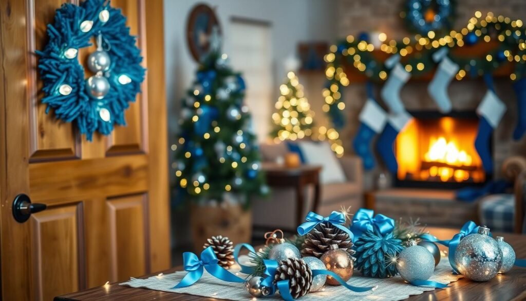 A cozy home setting filled with DIY blue Christmas projects. In the foreground, a beautifully crafted blue wreath adorned with silver ornaments hangs on a wooden door. Nearby, a table displays several handmade blue and white ornaments, twinkling with soft lights, showcasing different crafts like painted pine cones and glittery glass baubles. In the middle, a festive arrangement of blue textiles, including ribbons and bows, adds warmth to the scene. The background features a softly lit living room with a crackling fireplace, adorned with blue-themed garlands and stockings, creating a warm and inviting atmosphere. The lighting is soft and diffused, evoking a nostalgic holiday spirit, captured in a slightly angled shot for depth.