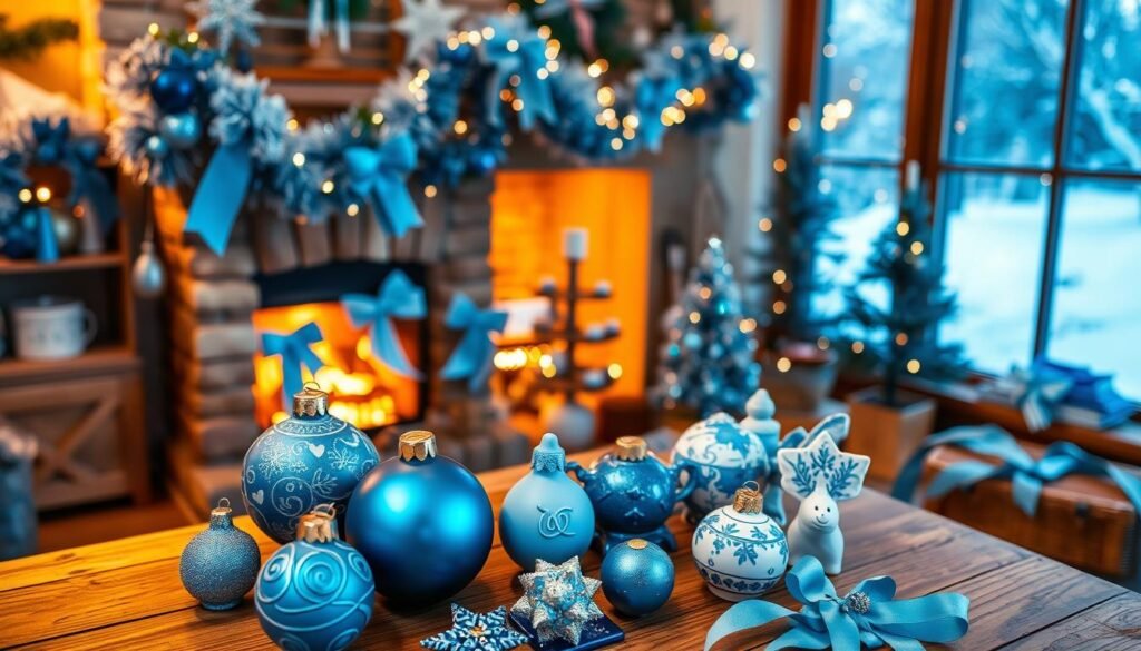 A cozy indoor scene featuring an assortment of beautiful blue holiday crafts. In the foreground, display intricately designed blue ornaments, hand-painted ceramic figurines, and shimmering blue ribbons thoughtfully arranged on a rustic wooden table. The middle ground should include a softly glowing fireplace adorned with garlands made of blue and silver accents, along with a small blue Christmas tree. In the background, a window reveals a snowy landscape with twinkling lights reflecting the winter atmosphere, creating a serene and festive ambiance. Use warm, inviting lighting to enhance the cozy feel, with a focus on the textures of the crafts. The image should capture the joyous spirit of blue-themed holiday decorations, evoking a sense of warmth and creativity.