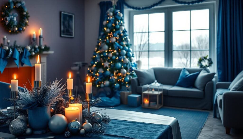 A cozy, inviting living room decorated for Christmas in shades of blue. In the foreground, a beautifully arranged blue and silver table setting with festive candles and ornaments, glowing softly. The middle ground features a lush, blue-themed Christmas tree adorned with elegant decorations, sparkling lights, and blue ribbons. In the background, a window reveals a snowy landscape outside, with a gentle glow from moonlight illuminating the scene. The atmosphere is warm and festive, evoking a sense of peace and joy. The image is captured with a warm, diffused lighting effect, creating an inviting and serene holiday ambiance. The scene should be photorealistic, focusing on intricate details and textures in the decorations.