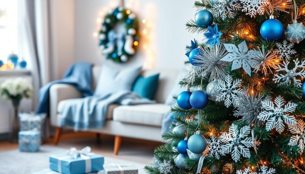A cozy, inviting scene showcasing budget-friendly blue Christmas decorations. In the foreground, a beautifully decorated tree adorned with shimmering blue ornaments, delicate silver tinsel, and handmade paper snowflakes. A few wrapped presents in blue and white sit at the base of the tree. The middle ground features a charming living room with a soft blue throw blanket draped over an armchair, and a handmade wreath of blue and white accents hanging on the wall. In the background, warm, twinkling fairy lights create a soft glow, enhancing the festive atmosphere. Use natural lighting to highlight the decorations, captured from a slightly elevated angle, evoking a sense of warmth, joy, and holiday spirit.
