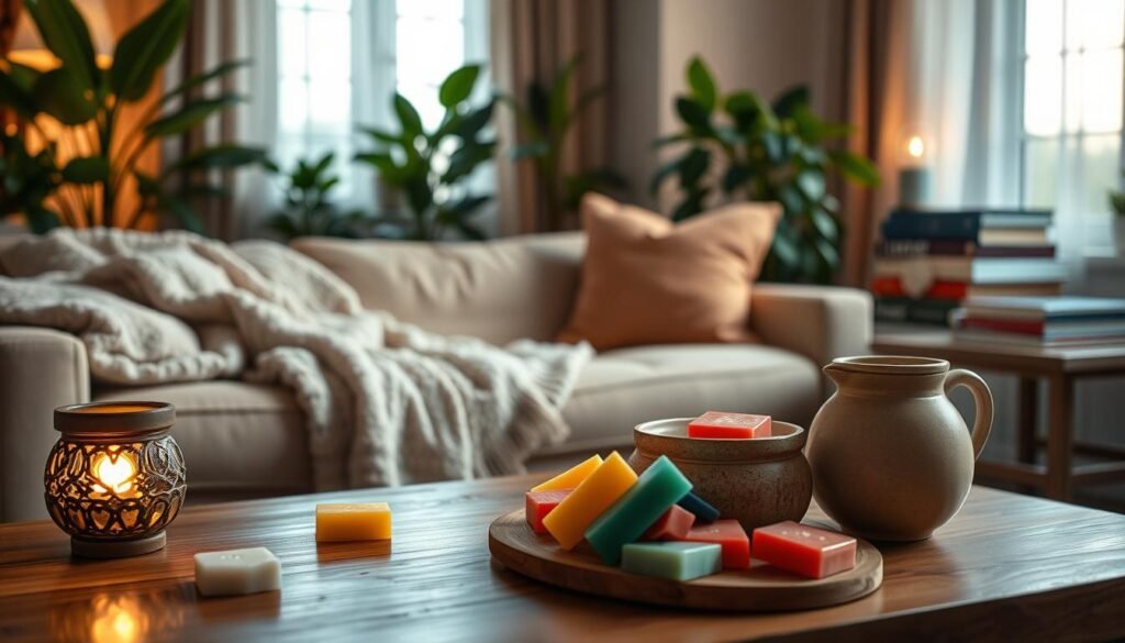 A cozy living room scene featuring an array of colorful wax melts arranged artistically on a wooden coffee table. In the foreground, a decorative ceramic wax warmer with a flickering bulb inside emits a warm, inviting glow. The middle area showcases soft throw blankets and plush pillows on a beige sofa, complemented by an ambient candle flickering in the background. A large window allows gentle daylight to filter through sheer curtains, casting soft shadows. Lush houseplants and a stack of books add a touch of nature and intellect. The lighting is warm and inviting, creating a snug atmosphere perfect for relaxation. The overall mood conveys comfort and tranquility, ideal for a cozy evening at home.