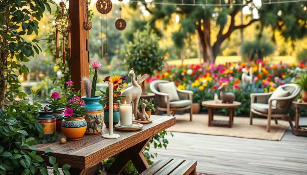 A cozy outdoor space featuring artistic decor elements to enhance the ambiance. In the foreground, a charming wooden table adorned with colorful ceramic pots housing vibrant flowers and handmade candles. Lush greenery surrounds the area, with hanging wind chimes and artfully placed sculptures of animals. In the middle ground, a stylish, comfortable seating area with cushion-clad chairs in earthy tones and a woven rug underfoot, inviting relaxation. The background showcases a serene garden filled with colorful blooms and tall trees, bathed in warm, late afternoon sunlight. The scene captures a tranquil and inviting atmosphere, perfect for enjoying nature while incorporating personal artistic touches. Emphasize photorealism and soft, natural lighting to elevate the overall charm and warmth of the outdoor space.