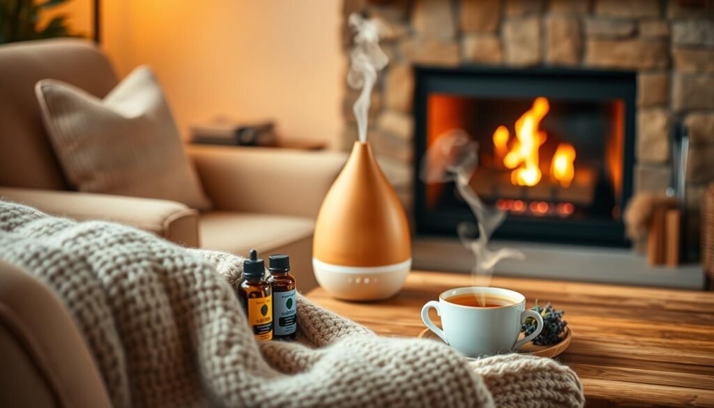 A cozy scene featuring an elegant essential oil diffuser at the center, emitting gentle wisps of aromatic steam. Surround the diffuser with a few vibrant bottles of essential oils, showcasing soothing colors like lavender, chamomile, and eucalyptus. In the foreground, include a soft, knitted blanket draping over a plush armchair with a warm, inviting texture. The middle ground features a softly lit, wooden coffee table adorned with a steaming mug of herbal tea and a small dish of dried floral potpourri for an additional aromatic touch. The background captures a softly glowing fireplace, enhancing the warm atmosphere with flickering flames. Employ warm, diffused lighting to create a tranquil ambiance, using a shallow depth of field to emphasize the diffuser while subtly blurring the background for a serene effect.