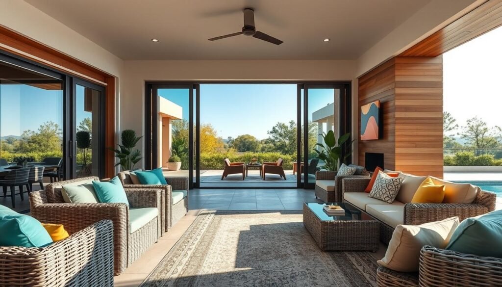 A luxurious seamless indoor-outdoor living space, featuring a spacious patio that smoothly transitions into a stylish living area. In the foreground, a contemporary patio set with woven furniture, adorned with vibrant cushions in shades of teal and mustard, invites relaxation. The middle ground showcases large, floor-to-ceiling glass doors, partially open, blurring the lines between indoors and outdoors. Natural wood accents and lush greenery flow from the patio into the living space, where an elegant area rug mimics outdoor textures. The background reveals distant trees and a bright blue sky, softly illuminated by warm afternoon sunlight, creating a tranquil and inviting atmosphere. Use a wide-angle lens to emphasize the depth and harmony of color and texture, ensuring a photorealistic quality that captures the essence of visual continuity.