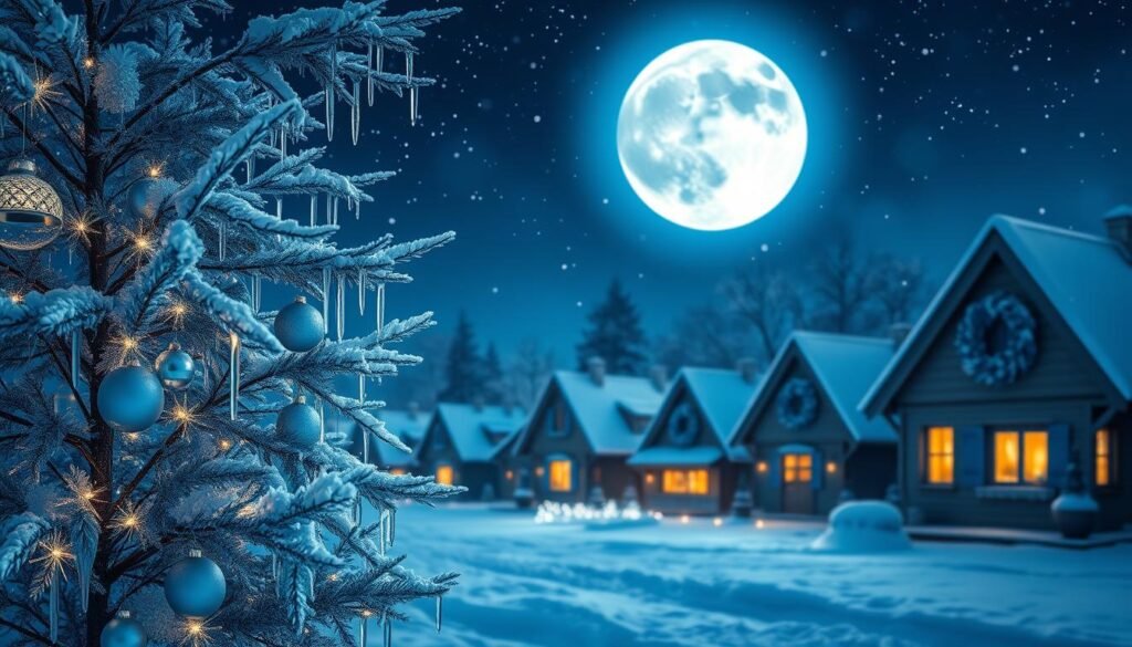 A magical winter scene focused on a unique blue Christmas theme. In the foreground, a beautifully decorated tree with shimmering blue and silver ornaments, twinkling fairy lights, and icicles hanging from its branches. In the middle ground, cozy cottages adorned with blue wreaths and soft snowflakes falling gently. The background features a starry night sky with a large, luminous moon casting a gentle blue glow over the landscape. The atmosphere is serene and enchanting, evoking a sense of warmth and joy. Use soft, diffused lighting to enhance the tranquil mood, and capture the scene from a slightly elevated angle, showcasing the depth of the snowy surroundings and the warm glow from the windows of the cottages. Aim for a photorealistic quality.