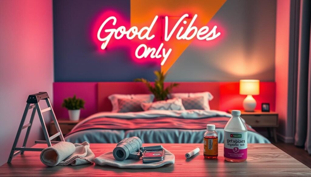 A modern bedroom showcasing a cozy atmosphere, featuring a stylish neon sign that reads "Good Vibes Only" prominently illuminated on a colorful accent wall. In the foreground, a well-organized workspace with tools for neon sign maintenance, including a cleaning cloth, small ladder, and gentle cleaning solution. The middle includes a neatly made bed with soft linens and decorative cushions, while a potted plant adds a touch of green. The background displays warm ambient lighting from a bedside lamp, casting gentle shadows across the room, enhanced by the glow of the neon. Use a slightly elevated angle to capture the entire scene, evoking a sense of tranquility and energy, perfect for inspiring bedroom decor enthusiasts. Photorealistic quality with vibrant colors.