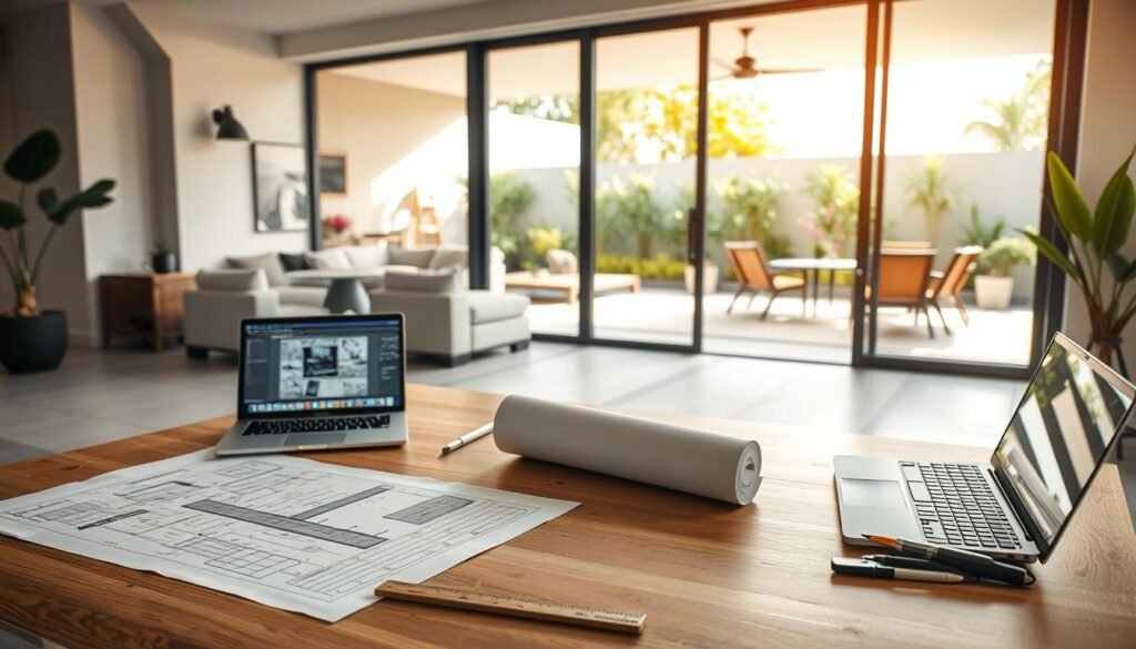 A modern outdoor-indoor flow project planning scene featuring a spacious patio seamlessly connecting to an elegant indoor living space. In the foreground, a well-organized workspace includes blueprints spread out on a sleek wooden table, alongside tools like a scale ruler and a laptop displaying design software. The middle ground showcases large glass doors that slide open to reveal the patio, adorned with stylish outdoor furniture and vibrant greenery. In the background, warm natural light floods the indoor area, emphasizing a cozy yet sophisticated interior with soft textiles and tasteful decor. The atmosphere is collaborative and inviting, suggesting a productive planning session for creating harmonious living environments. The composition should evoke professionalism, capturing the essence of planning a home that bridges indoor and outdoor living.