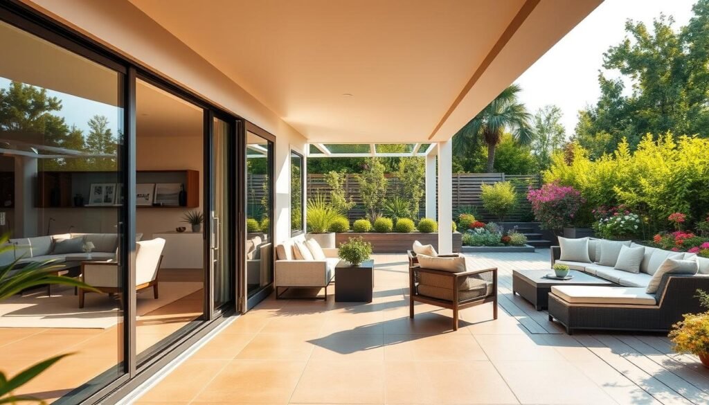 A modern patio featuring sleek sliding door systems that seamlessly integrate indoor and outdoor living spaces. In the foreground, showcase the open sliding doors, revealing a stylish living room with comfortable furniture and bright natural light. In the middle ground, a spacious deck adorned with elegant outdoor furniture, vibrant green plants, and soft cushions invites relaxation. The background includes a well-maintained garden with blooming flowers and lush trees, highlighting the beauty of nature. Use warm, diffused sunlight to create an inviting atmosphere, captured with a wide-angle lens to emphasize the flow between spaces. The mood is serene and harmonious, embodying the essence of a well-designed, interconnected living environment that enhances both comfort and functionality.