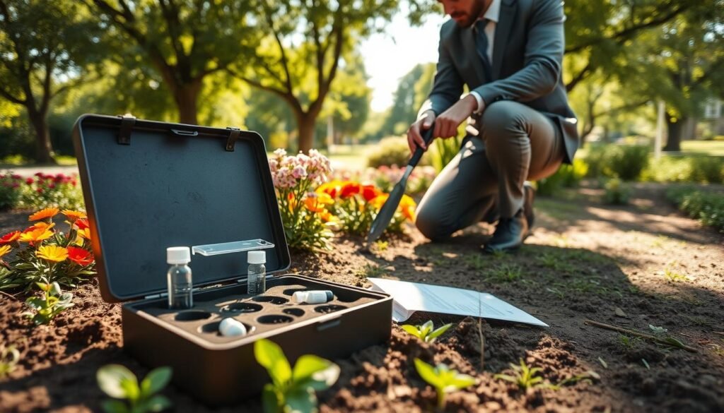 A professional agronomist in smart casual clothing is conducting soil testing in a lush, well-maintained garden. In the foreground, an open soil testing kit reveals vials and tools, with the agronomist kneeling down, examining a soil sample with a hand trowel. The middle ground features various colorful flowers and plants, signifying healthy landscaping. In the background, sunlight filters through a canopy of trees, creating a serene atmosphere. Soft shadows play across the ground, emphasizing the lush greenery. The focus is sharp on the agronomist and the testing kit, capturing meticulous details, while the background is slightly blurred to maintain depth. The overall mood evokes professionalism and dedication to understanding soil health in landscaping.