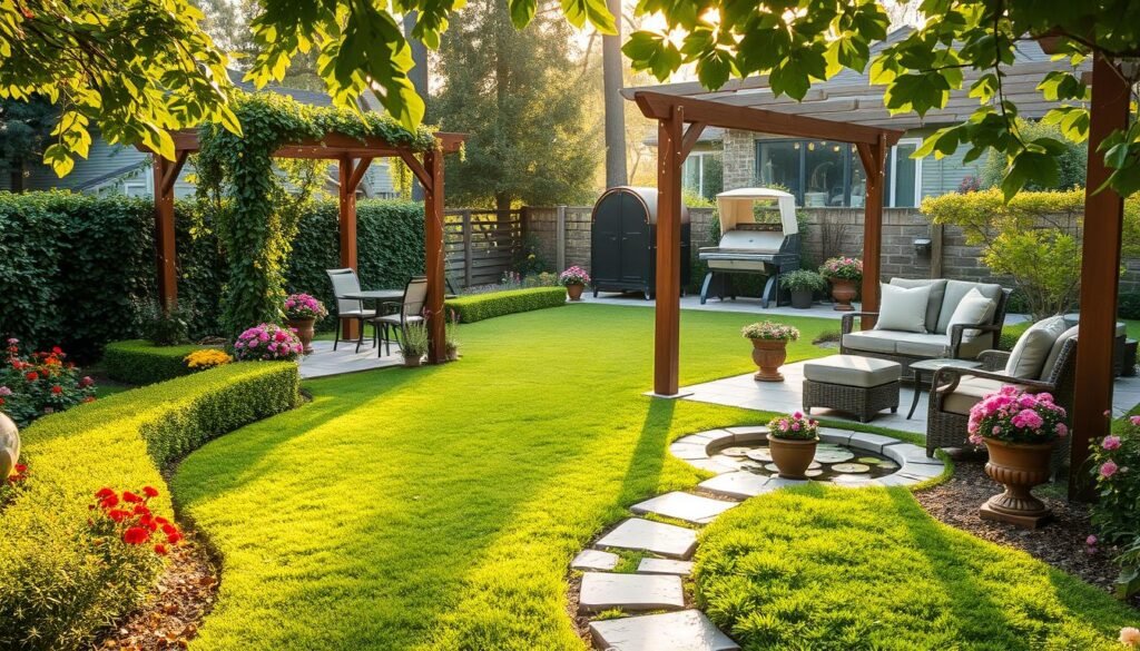 A serene backyard oasis featuring a lush green lawn surrounded by an array of colorful flowering plants and neatly trimmed hedges. In the foreground, a charming stone pathway meanders through a vibrant garden with decorative pots filled with blooming flowers. To one side, a wooden pergola draped with climbing vines and fairy lights creates a cozy seating area with comfortable outdoor furniture. In the background, tall trees provide shade, while a small pond with floating lilies adds a tranquil touch. Soft, golden afternoon light filters through the leaves, casting gentle shadows, and enhancing the inviting mood of this personal paradise. Emphasize photorealism, with details like dew on the grass and the texture of the wooden furniture, captured from a slightly elevated angle to showcase the entire scene harmoniously.