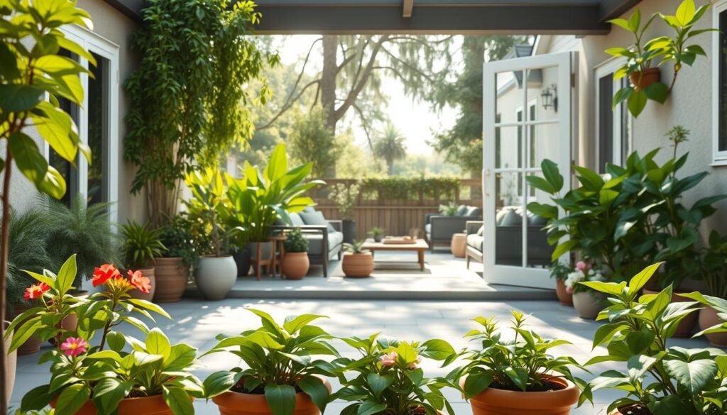 A serene backyard scene illustrating a harmonious blend of green elements under soft, natural lighting. In the foreground, lush potted plants with vibrant leaves and colorful flowers are strategically placed on a modern patio, creating a welcoming ambiance. The middle ground features a seamless transition from the patio to a cozy living space, with an open doorway showcasing comfortable indoor seating adorned with plants and decorative accents that echo the outdoor greenery. In the background, gentle sunlight filters through tall trees, casting dappled shadows and enhancing the tranquil atmosphere. Capture this scene with a wide-angle lens to emphasize the flow between indoor and outdoor elements, evoking a sense of peace and natural harmony.